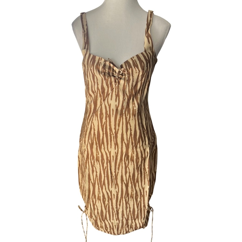 Backyard Roses Ryder Midi‎ Dress Womens Tan Brown Abstract Print Ruched Cinch XL
